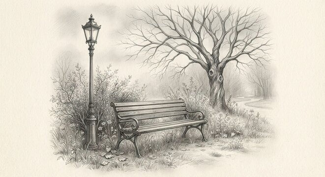 Sketch of empty park bench near lamp post and tree