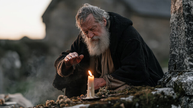Irish widower with a silver beard crouching beside a mossy grave in a rural churchyard at twilight, shielding a taper candle from the wind with his weathered palm, mist rising