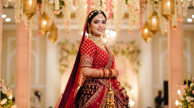 Beautiful indian bride wearing a traditional red lehenga and ornate jewelry standing in a decorated wedding venue hall