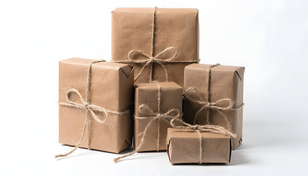 Five rectangular gift boxes wrapped in brown craft paper with rustic twine bows isolated
