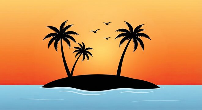 Silhouette of island with palm trees at sunset