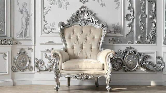 Ornate Silver and Cream Button-Tufted Armchair in a Luxurious Palace Setting