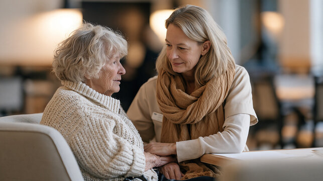 A memory care nurse sitting beside a disoriented patient during a sundowning episode at dusk in a long term facility common room, late day dementia agitation, sundown syndrome