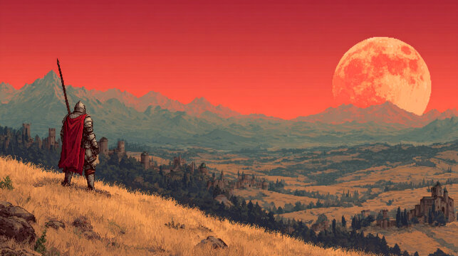 Pixel art knight looking at blood moon, retro fantasy RPG medieval landscape adventure game background