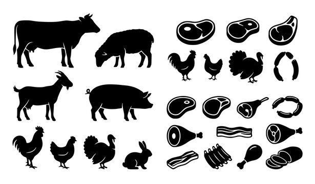 Farm animal and meat icon set, cow pig goat chicken turkey rabbit steak bacon sausage solid vector illustration