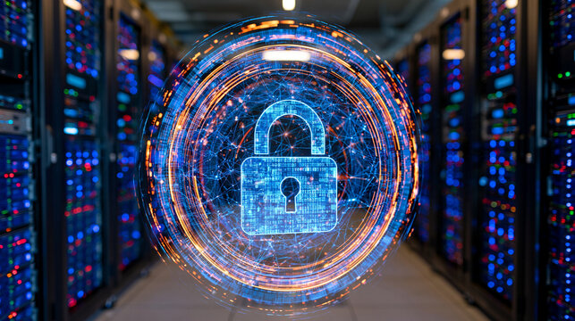 Advanced secure data center infrastructure with neatly arranged server racks, encrypted cloud data represented by glowing connections and a prominent digital padlock, IT security and enterprise tech