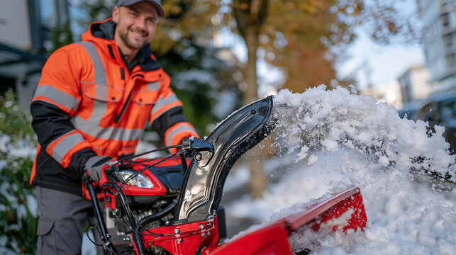 City sanitation worker in an orange reflective winter jacket using a snow blower on a narrow sidewalk after a heavy snowfall, swirling snow cloud surrounding the machine, worker and equipment in cri