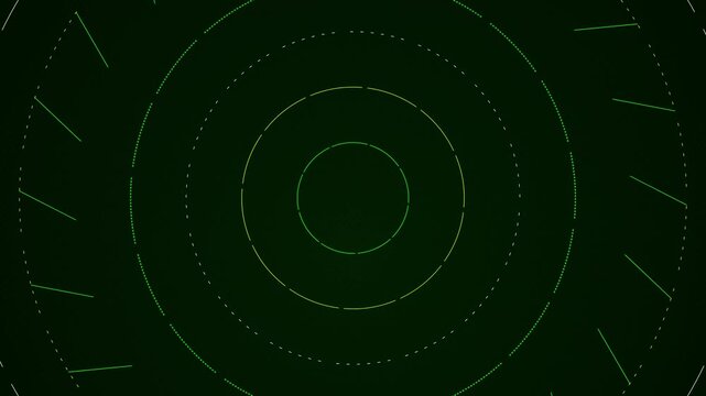 Rotating green circular patterns with thin dashed lines forming concentric geometric shapes on dark surface