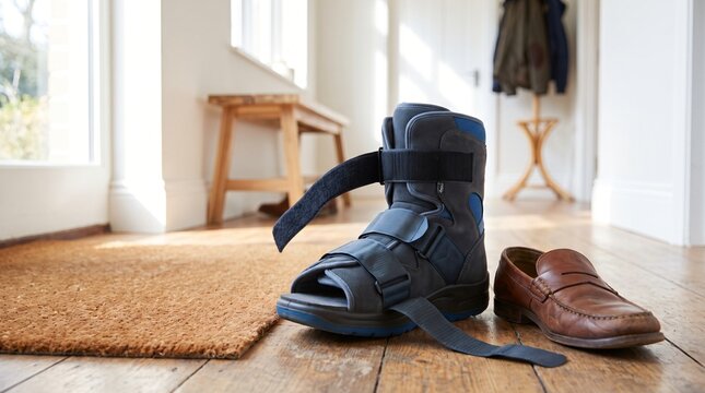 Walking Boot Beside Ordinary Shoes By The Door Showing Return To Work After Injury