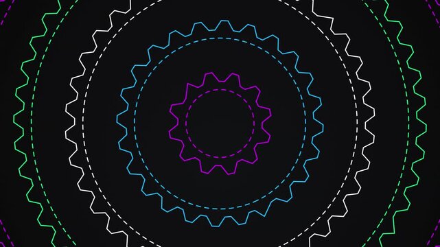 Rotating neon glowing gear wheels creating concentric circles of light in a dark technological motion sequence