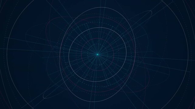 Scientific visualization showing intersecting orbital paths and planetary trajectories revolving around a central glowing light point