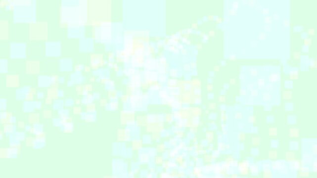 Soft glowing geometric squares floating across a light pastel mint green surface in rhythmic flowing patterns