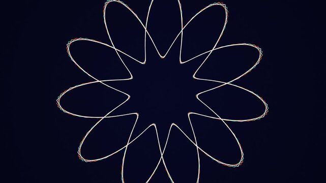 Symmetric circular geometric pattern composed of multiple interlaced lines creating a floral mandala inspired visual shape