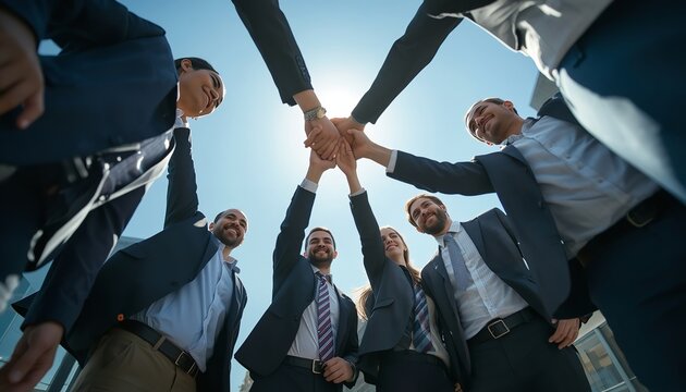Professional business team members joining hands together in a circle to show unity and corporate support under bright sunny skies