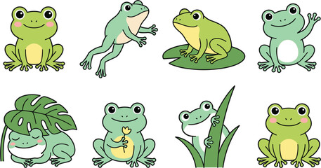 Naklejka premium Cute Cartoon Green Frog Sticker Set Featuring Funny Toad Character Jumping, Sitting on Lily Pad, Holding Flower, and Hiding Under Monstera Leaf Vector