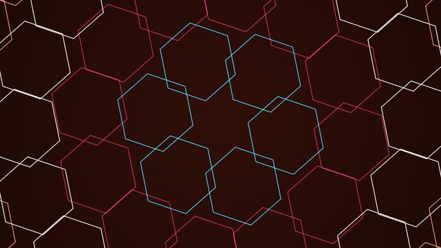 Thin glowing neon hexagon outlines forming a continuous geometric grid pattern on a dark brown surface