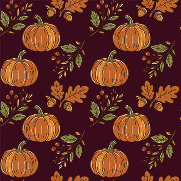 Hand Drawn Vector Autumnal Seamless Pattern with Pumpkins, Berries and Acorns.