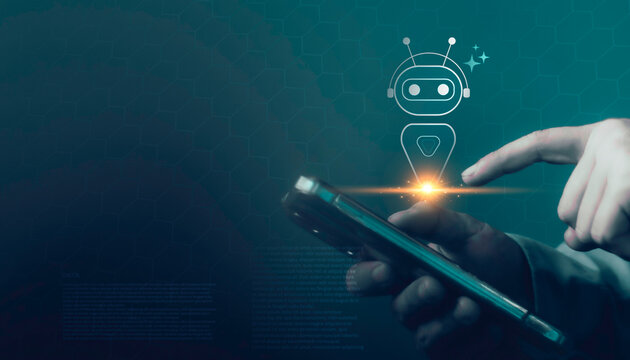 Agentic AI, automation, remote control, smart technology and digital innovation. Artificial intelligence virtual assistant concept controlled through a smartphone with a futuristic robot interface.