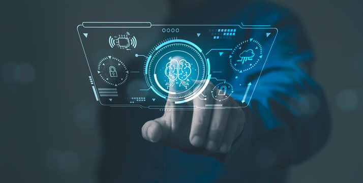 AI innovation, machine learning, cybersecurity, automation and digital transformation. Artificial intelligence brain on a futuristic digital dashboard with cloud computing and security icons.