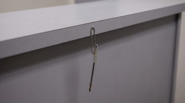 Petty Control Concept, Ballpoint Pen Chained On A Bead Chain Under A Service Counter