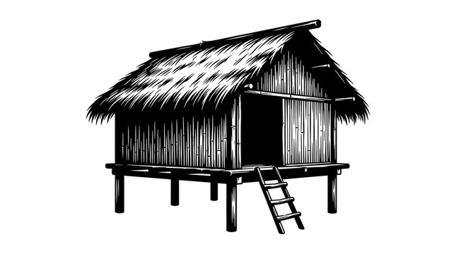 Monochrome vector illustration of a traditional tropical bamboo hut built on wooden stilts with a thatched roof and a small ladder. Isolated on white.