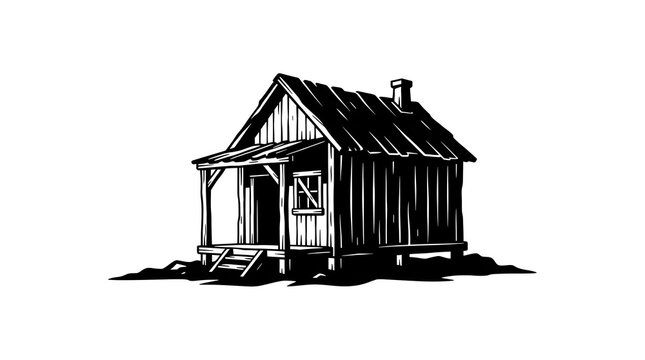 Black and white vector silhouette of an old, rustic wooden shack or cabin with a covered front porch and chimney. Isolated on white background.