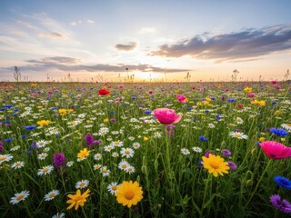 Obraz premium Colorful wildflower field at golden hour sunset