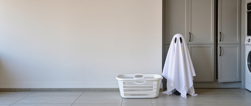 Funny ghost under white sheet standing in a modern kitchen next to a laundry basket. Halloween humor concept