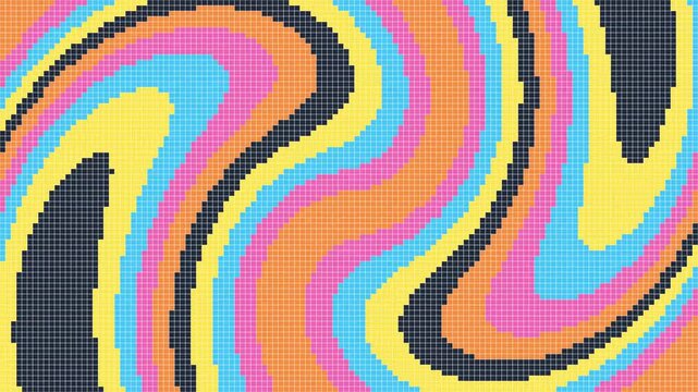 Vibrant pixelated waves flowing in rhythmic colorful patterns across a dark grid of square tiles