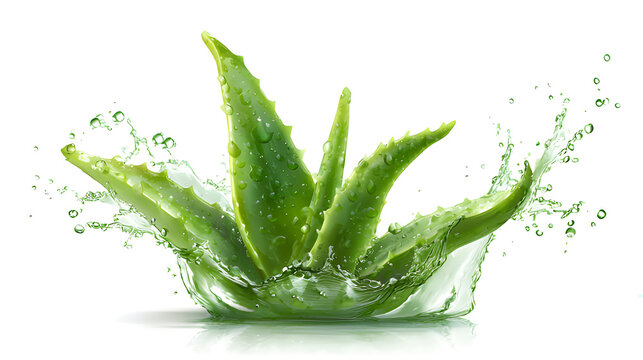 Fresh green aloe vera plant leaf with water splash and liquid drops