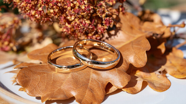 Top view of a pair of wedding rings arranged neatly on a large brown oak leaf, crisp natural sunlight emphasizing metallic reflections and autumn leaf texture, simple bright background, elegant mini
