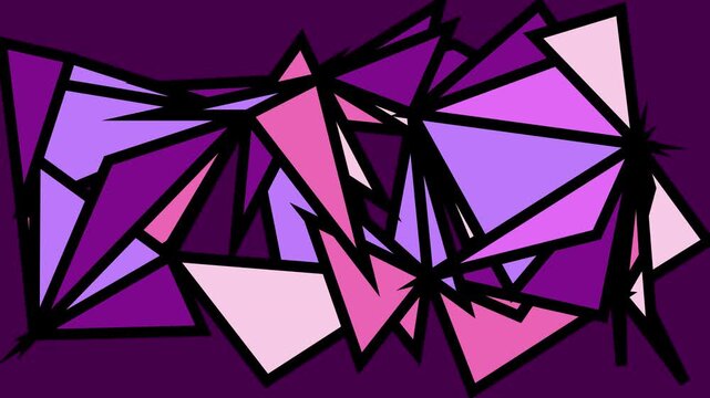 Vibrant purple geometric shards arranged in a dynamic pattern with sharp bold black outlines and shapes
