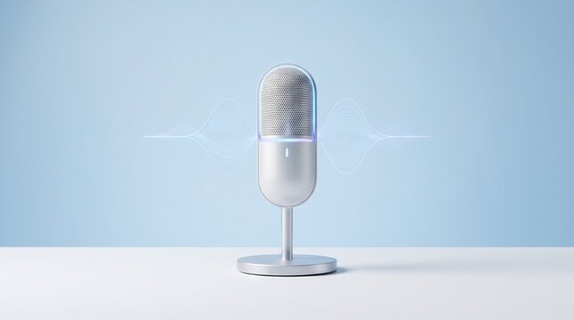 A modern microphone stands ready to capture sound, with subtle light waves radiating outwards, suggesting audio recording or broadcast in a clean, minimalist setting.