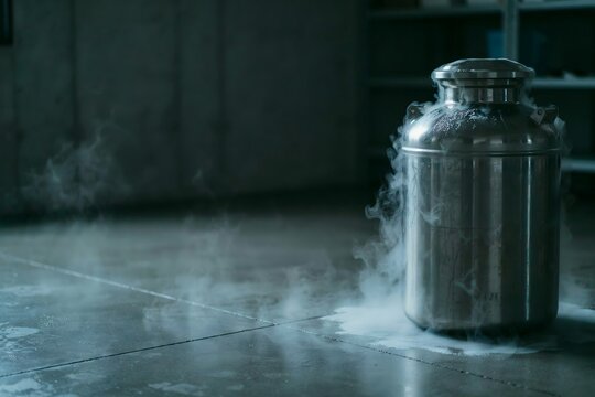 Liquid nitrogen tank steaming in a dim laboratory storage room &ndash; Perfect for cryopreservation services, biotech content, or scientific storytelling.