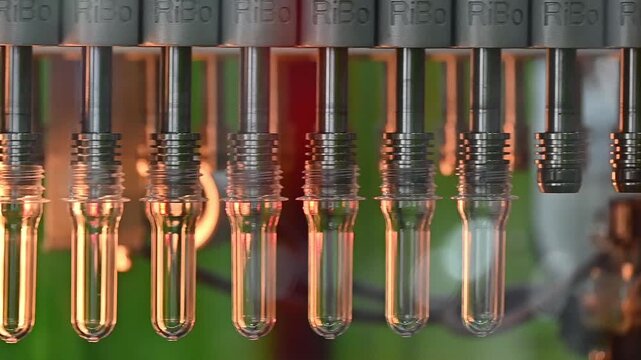 Slow motion footage of plastic preforms on a conveyor belt entering a heater