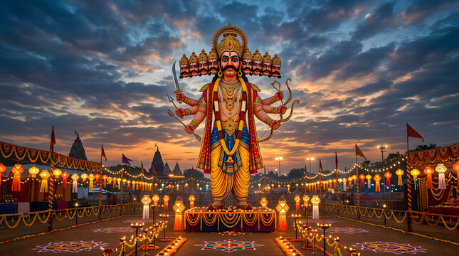 Ravana effigy standing at dusk during Dussehra festival.
