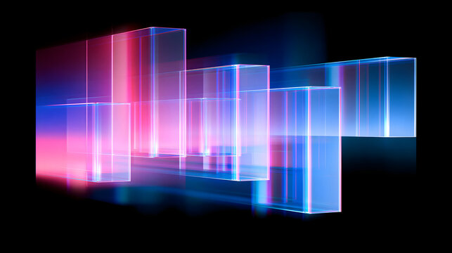 Abstract 3D Floating Glass Rectangles with Vibrant Glowing Pink and Blue Neon Light Reflections Isolated on Dark Background for Modern Technology Creative Graphic Design Concepts