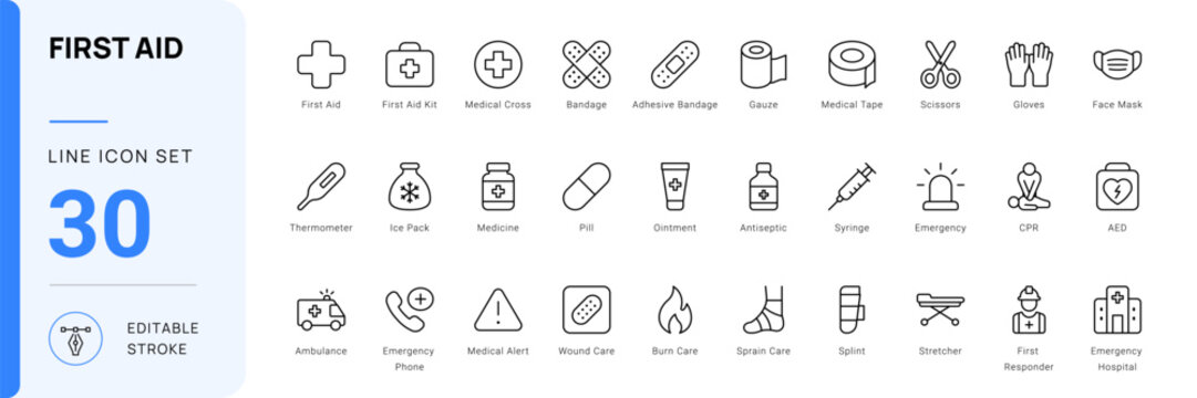 first aid medical icon line style emergency healthcare editable stroke vector set