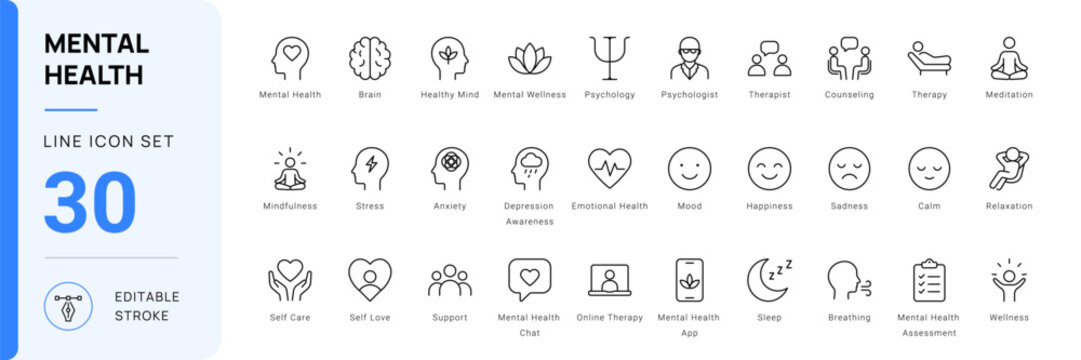 mental health psychology wellness therapy icon line style counseling editable stroke vector set