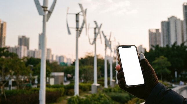 Hand holding smartphone with blank screen mockup against background of vertical wind turbines and city skyline