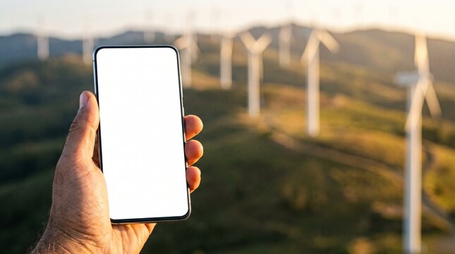 Hand holding blank screen smartphone mockup against sustainable wind turbine farm at sunset