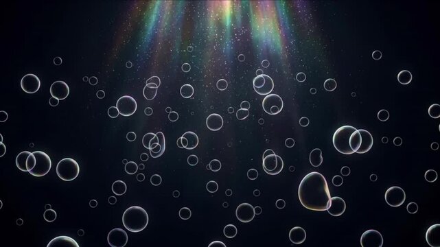 暗黒空間を浮遊する虹色のシャボン玉アイコンと散乱光の背景