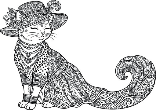 Elegant cat wearing a vintage dress and ornate hat decorated with flowers detailed zentangle vector illustration for adult coloring page.