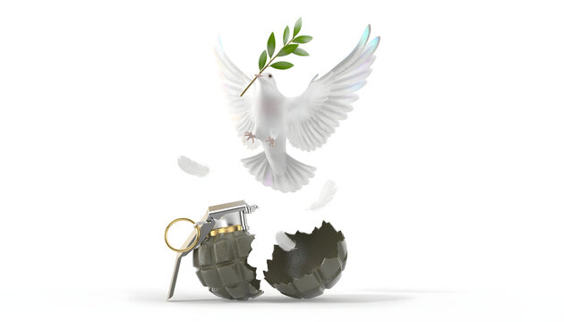 Visualization of peace featuring disarmed hand grenade with blooming flowers growing metal crevices symbolize cessation of armed conflict, newfound hope&victory of reconciliation over war destruction.