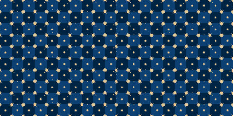 Obraz premium Seamless pattern with blue squares, yellow stars. Endless repeat holiday design for gift, wrapping paper. Christmas, New Year, birthday festive paper art. 