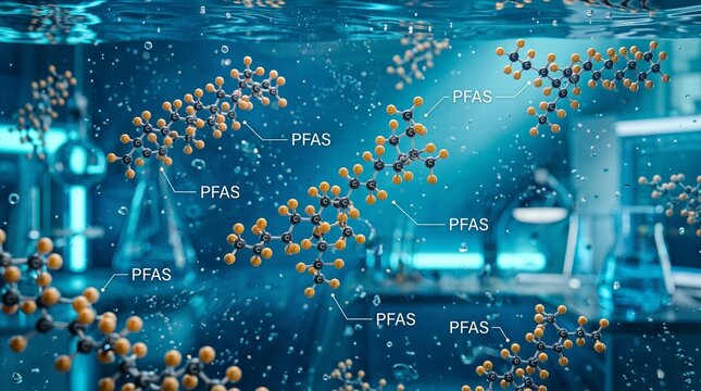 Visualizing PFAS Chemical Pollution Molecular structures suspended in water, symbolizing pervasive environmental contamination and the focus of scientific research efforts