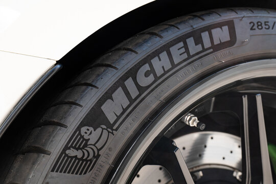 Kemptthal, Zurich, Switzerland, September 6, 2026. Close up of Michelin logo and Bibendum character on a performance tire.