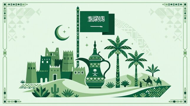 Saudi Arabia Independence Day Poster with Wine Bottle, Menu Design, Urban Cityscape, Architectural Buildings, Vector Illustration and Classic Travel-Inspired Artwork