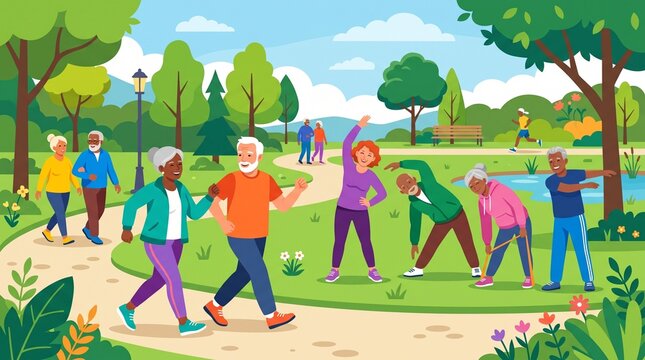 International Day of Older Persons Celebration with Happy Elderly People Walking Together, Family Bonding, Healthy Aging, Care, Respect and Active Senior Lifestyle Cartoon Vector Illustration