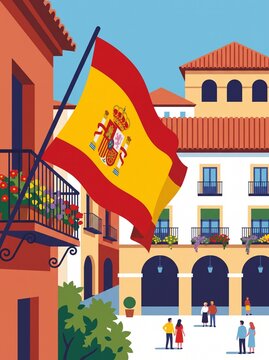 Spanish National Day Celebration with Spanish Flags Displayed on Historic European House Rooftops, Traditional Architecture, Old Town Street, Cultural Heritage and Tourism Stock Photo